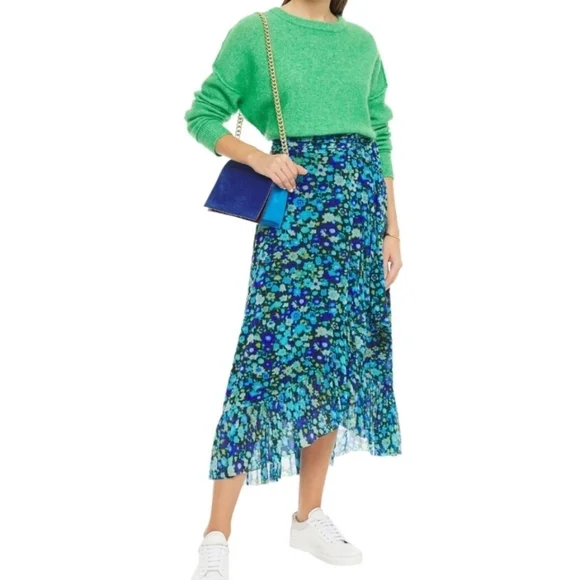 Ganni Floral Wrap Midi Skirt Asymmetrical Ruffle  Blue Green Women's 32 Medium - Picture 3 of 13